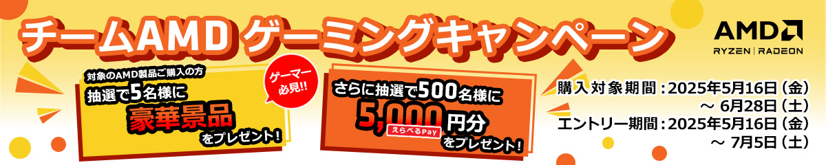 チームAMDゲーミングキャンペーン　対象のAMD製品ご購入の方　抽選で5名様に豪華景品をプレゼント！さらに抽選で500名様に選べるPay 5000円分をプレゼント