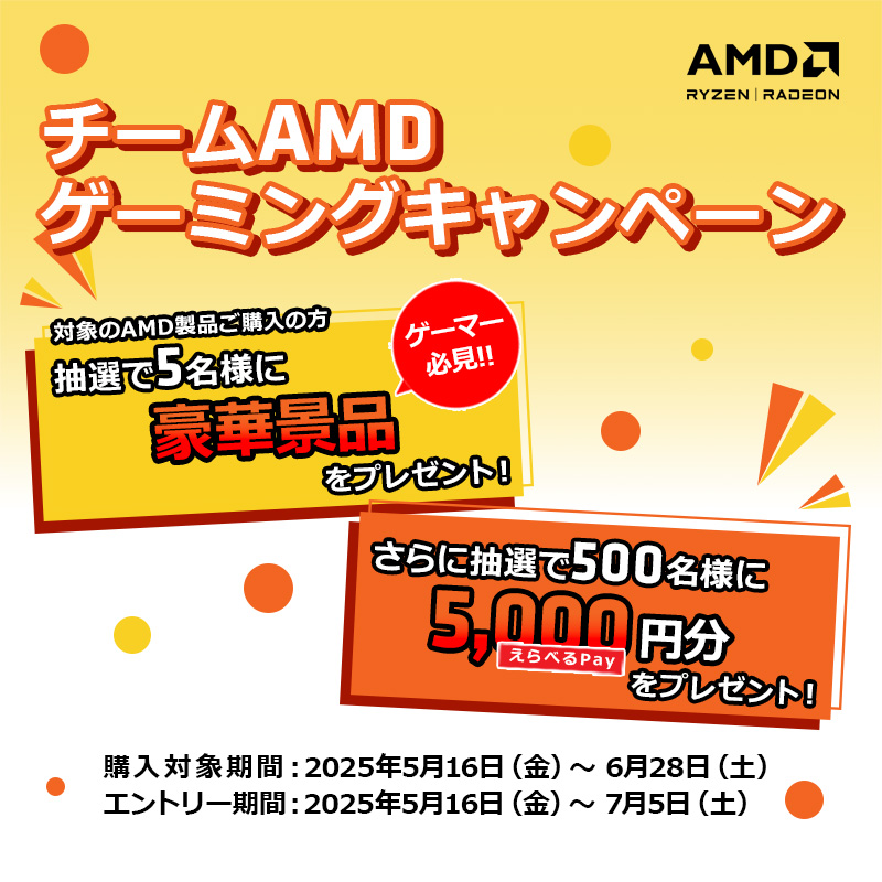 チームAMDゲーミングキャンペーン　対象のAMD製品ご購入の方　抽選で5名様に豪華景品をプレゼント！さらに抽選で500名様に選べるPay 5000円分をプレゼント