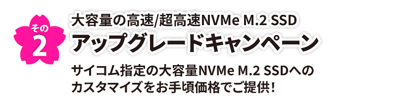 その2　大容量の高速/超高速NVMe M.2 SSD アップグレードキャンペーン　サイコム指定の大容量NVMe M.2 SSD へのカスタマイズをお手頃価格でご提供！※自動的にアップグレードされるものではありませんのでお客様自身でカスタマイズでの選択が必要です。
