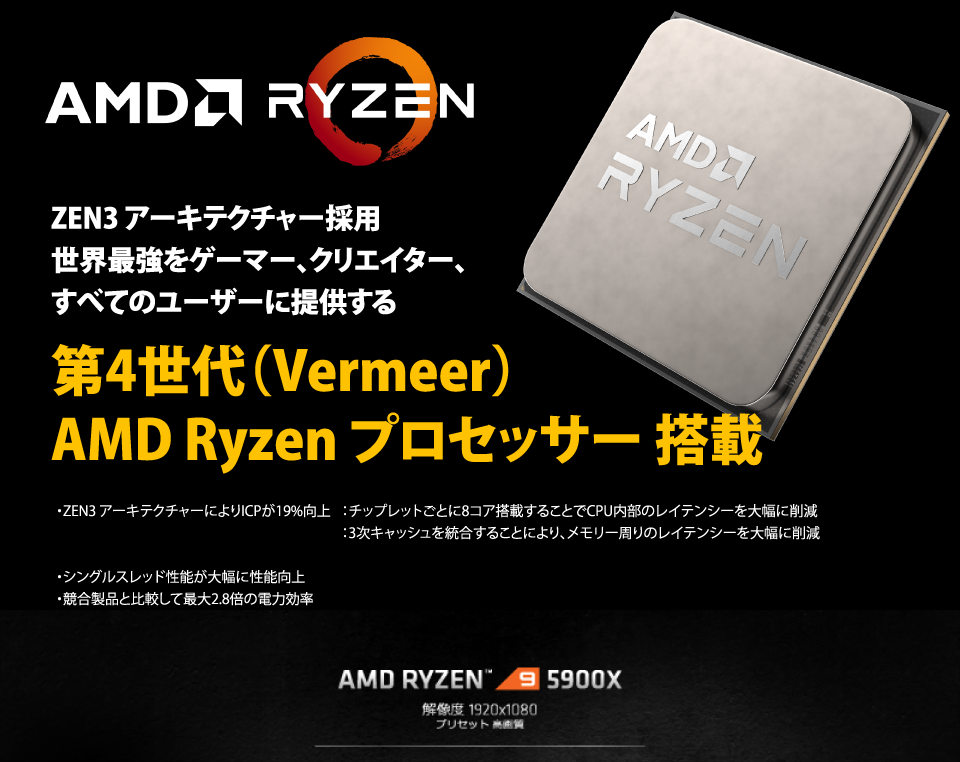 AMD Ryzen Vermeer ZEN3アーキテクチャー採用、世界最強をゲーマー、クリエイター、すべてのユーザーに提供する、第4世代（Vermeer）AMD Ryzenプロセッサー搭載